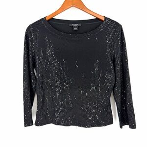 ✨St. John Caviar Top Tee S Black Wet Jersey Knit Soft Drapey Embellished Luxe